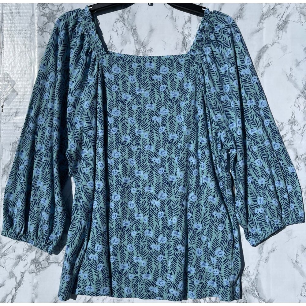 Style & Co Womens XL Square Neck Knit Top Blue & Green Floral Print 3/4 Sleeves